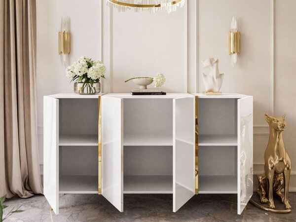 Czterodrzwiowa komoda 158 cm w stylu glamour na złotych nogach Lunelie biały połysk