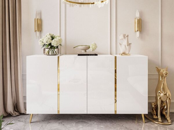 Czterodrzwiowa komoda 158 cm w stylu glamour na złotych nogach Lunelie biały połysk