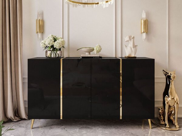 Czterodrzwiowa komoda 158 cm w stylu glamour na złotych nogach Lunelie czarny połysk