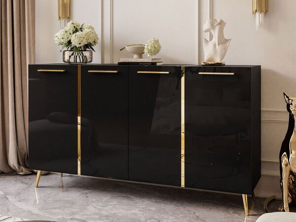 Czterodrzwiowa komoda 158 cm w stylu glamour ze złotymi uchwytami i nogami Lunelie czarny połysk