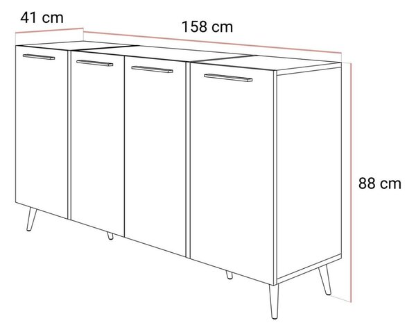 Czterodrzwiowa komoda 158 cm w stylu glamour ze złotymi uchwytami i nogami Lunelie kaszmir połysk