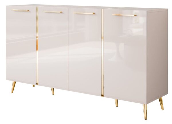 Czterodrzwiowa komoda 158 cm w stylu glamour ze złotymi uchwytami i nogami Lunelie kaszmir połysk