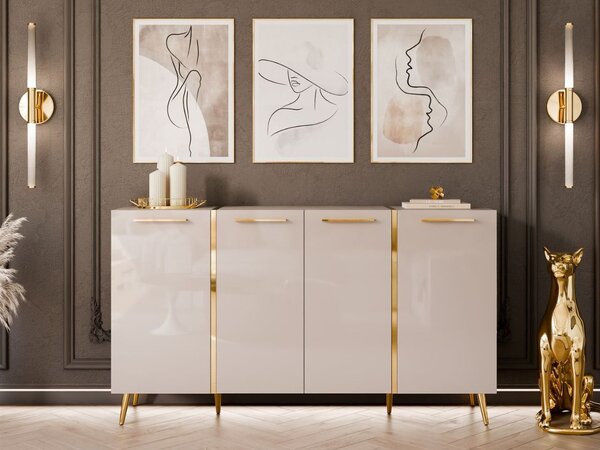 Czterodrzwiowa komoda 158 cm w stylu glamour ze złotymi uchwytami i nogami Lunelie kaszmir połysk