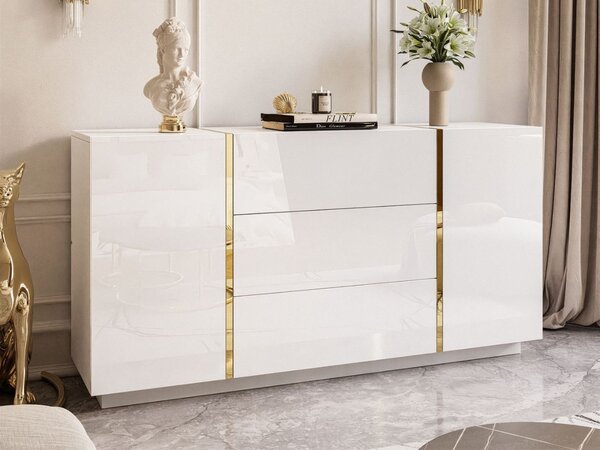Dwudrzwiowa komoda 158 cm z trzema szufladami Lunelie biały połysk