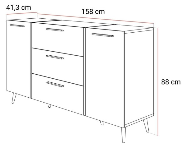 Dwudrzwiowa komoda 158 cm z trzema szufladami i złotymi uchwytami Lunelie kaszmir połysk