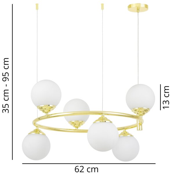 LAMPA WISZĄCA SUFITOWA ŻYRANDOL NOWOCZESNA ZŁOTO KLASYCZNE BIAŁE KULE FINO 6 LED