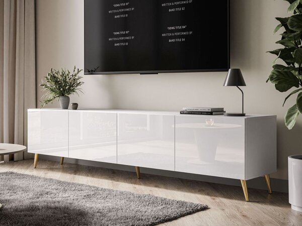 Szafka RTV pod telewizor z drzwiczkami na złotych nóżkach 200 cm Nodoo Biały połysk