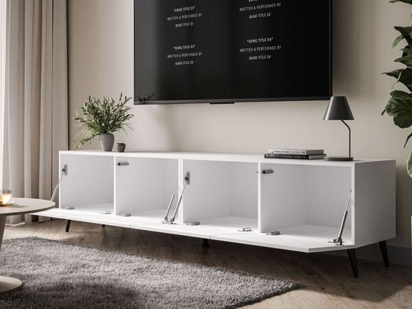Szafka RTV pod telewizor z drzwiczkami na czarnych nóżkach 200 cm Nodoo Biały połysk
