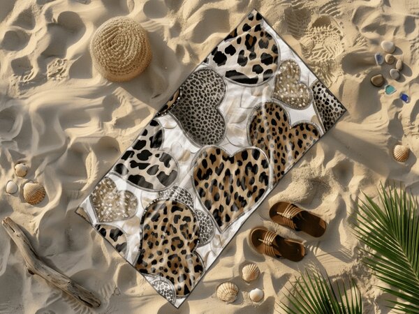 Ręcznik plażowy szybkoschnący LEOPARD HEARTS brązowo-biały 70 x 140 cm, 100% mikrofibra