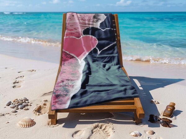 Ręcznik plażowy szybkoschnący SEA OF HEARTS różowo-czarny 70 x 140 cm, 100% mikrofibra