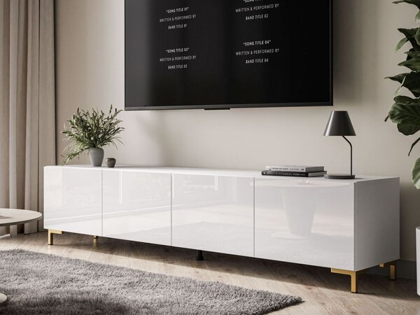 Szafka RTV pod telewizor z drzwiczkami na złotych nóżkach 200 cm Nodoo Biały połysk