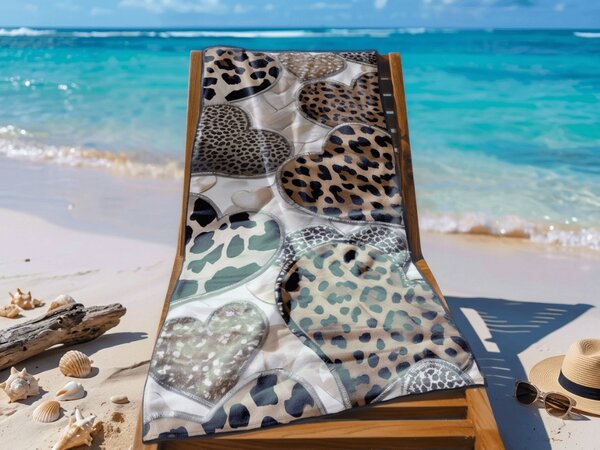 Ręcznik plażowy szybkoschnący LEOPARD HEARTS brązowo-biały 70 x 140 cm, 100% mikrofibra
