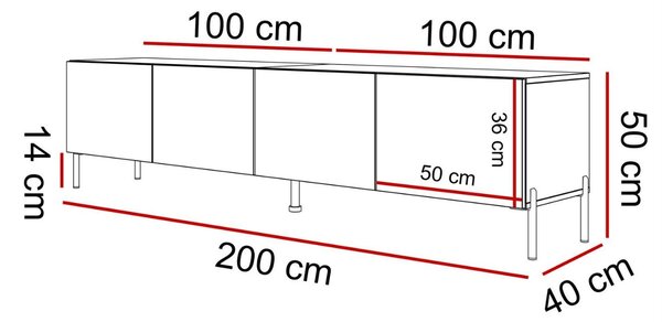 Szafka RTV pod telewizor z drzwiczkami na czarnych nóżkach 200 cm Nodoo Biały połysk