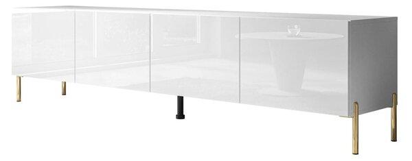 Szafka RTV pod telewizor z drzwiczkami na złotych nóżkach 200 cm Nodoo Biały połysk