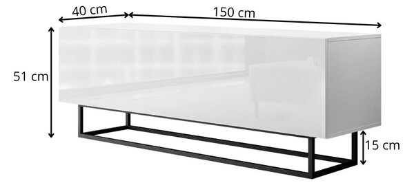 Szafka RTV pod telewizor z drzwiczkami na białym stelażu 150 cm Nodoo Biały połysk