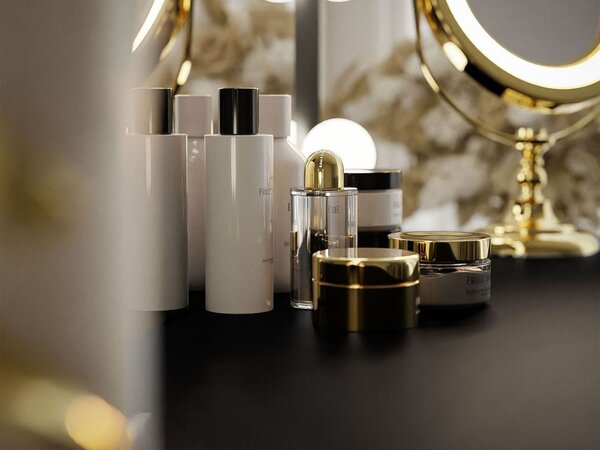 Toaletka glamour z szufladami, kryształowymi uchwytami i oświetleniem LED Olivine czarny połysk