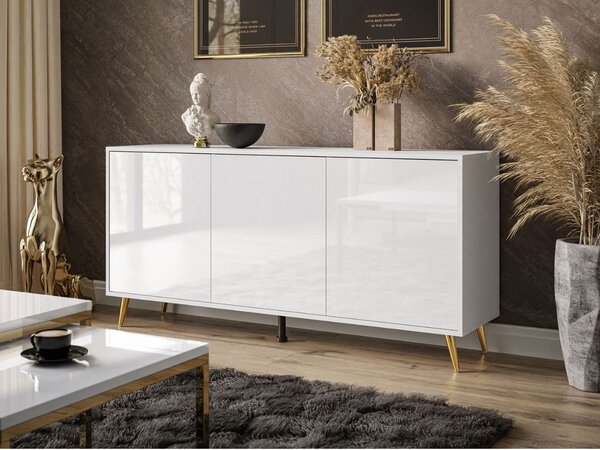 Trzydrzwiowa komoda 154 cm w stylu glamour na złotych nogach Vivance biały połysk