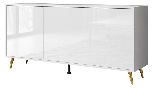 Trzydrzwiowa komoda 154 cm w stylu glamour na złotych nogach Vivance biały połysk
