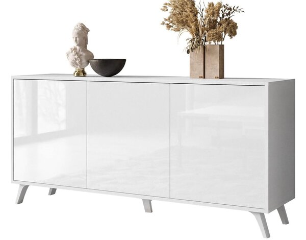 Trzydrzwiowa komoda 154 cm w stylu glamour na białych nogach Vivance biały połysk