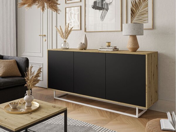Trzydrzwiowa komoda 154 cm w stylu loft na białym stelażu Vivance czarny mat i dąb artisan