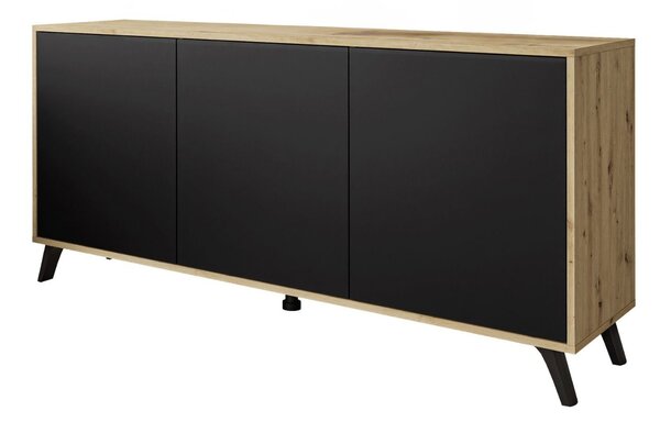 Trzydrzwiowa komoda 154 cm w stylu loft na czarnych nogach Vivance czarny mat i dąb artisan