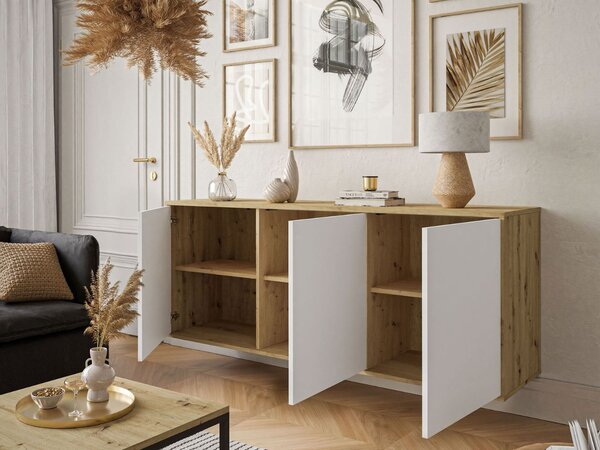 Trzydrzwiowa komoda 154 cm w stylu loft na białych nogach Vivance biały mat i dąb artisan
