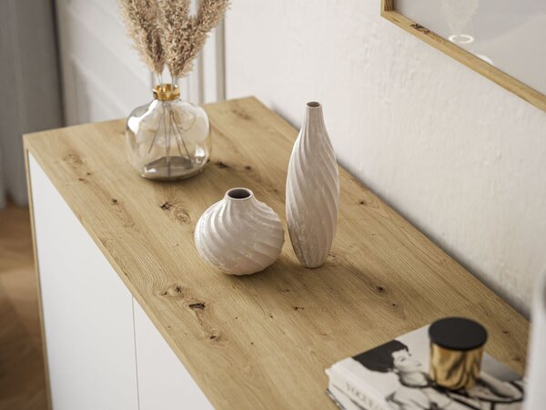 Trzydrzwiowa komoda 154 cm w stylu loft na białych nogach Vivance biały mat i dąb artisan