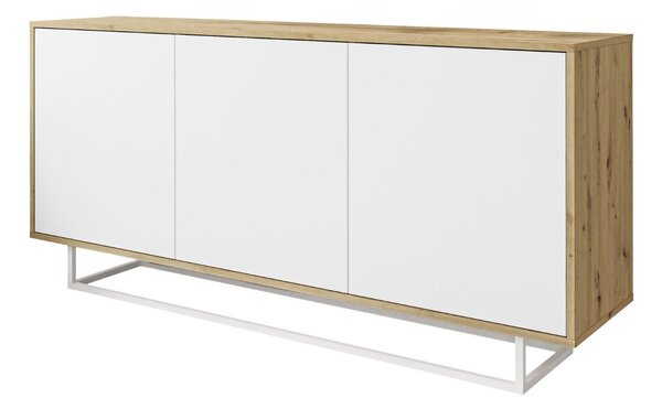 Trzydrzwiowa komoda 154 cm w stylu loft na białym stelażu Vivance biały mat i dąb artisan