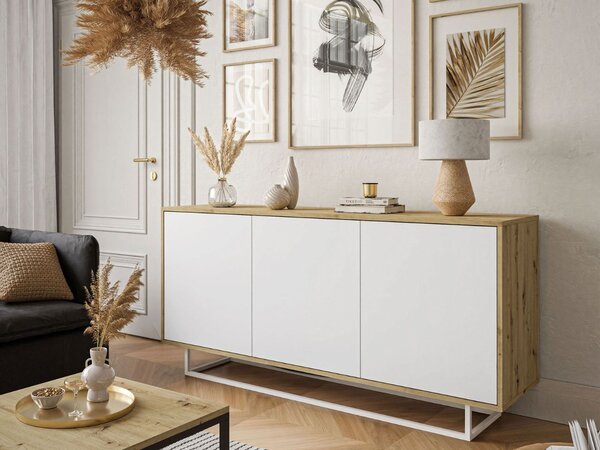 Trzydrzwiowa komoda 154 cm w stylu loft na białym stelażu Vivance biały mat i dąb artisan