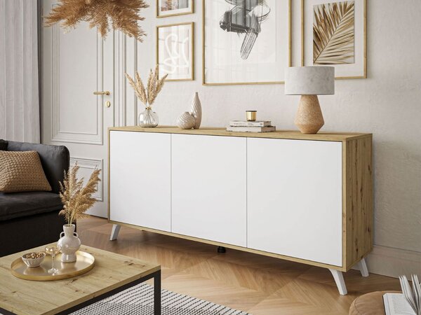 Trzydrzwiowa komoda 154 cm w stylu loft na białych nogach Vivance biały mat i dąb artisan