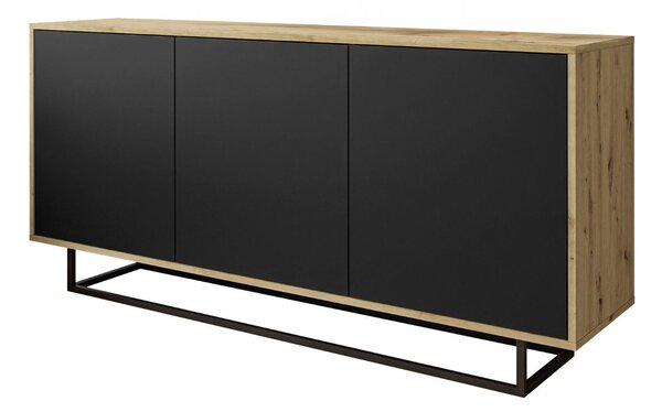 Trzydrzwiowa komoda 154 cm w stylu loft na czarnym stelażu Vivance czarny mat i dąb artisan