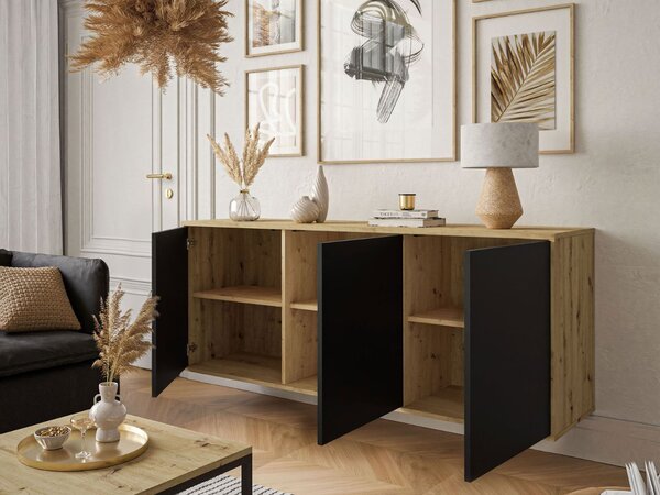 Trzydrzwiowa komoda 154 cm w stylu loft na białym stelażu Vivance czarny mat i dąb artisan