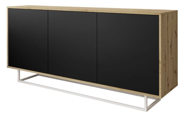 Trzydrzwiowa komoda 154 cm w stylu loft na białym stelażu Vivance czarny mat i dąb artisan