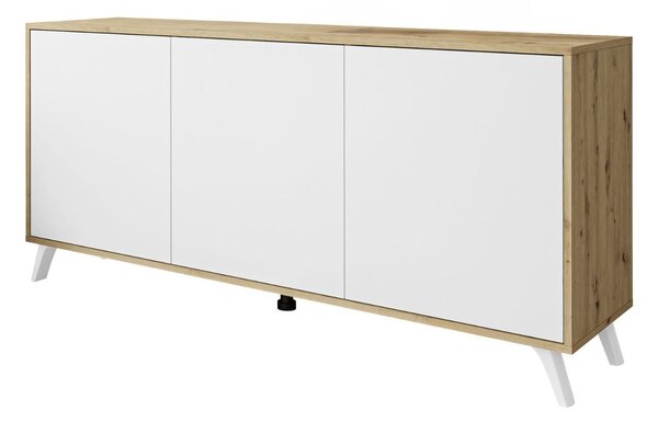Trzydrzwiowa komoda 154 cm w stylu loft na białych nogach Vivance biały mat i dąb artisan
