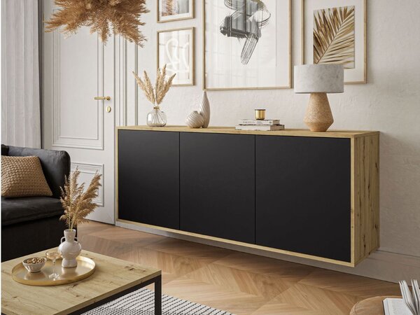 Trzydrzwiowa komoda 154 cm w stylu loft wisząca Vivance czarny mat i dąb artisan