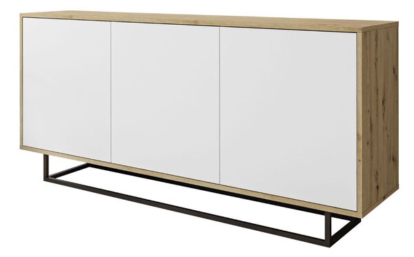 Trzydrzwiowa komoda 154 cm w stylu loft na czarnym stelażu Vivance biały mat i dąb artisan