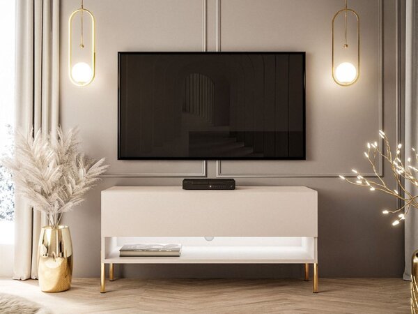 Szafka RTV 90 cm z oświetleniem LED i złotymi metalowymi nóżkami Aurelie Kaszmir mat