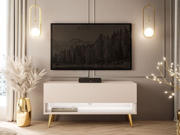 Szafka RTV 90 cm do salonu z oświetleniem LED i złotymi nóżkami Aurelie Kaszmir mat