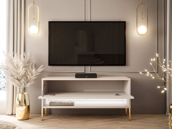 Szafka RTV 90 cm z oświetleniem LED i złotymi metalowymi nóżkami Aurelie Kaszmir połysk