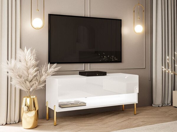 Szafka RTV 90 cm z oświetleniem LED i złotymi metalowymi nóżkami Aurelie Biały połysk