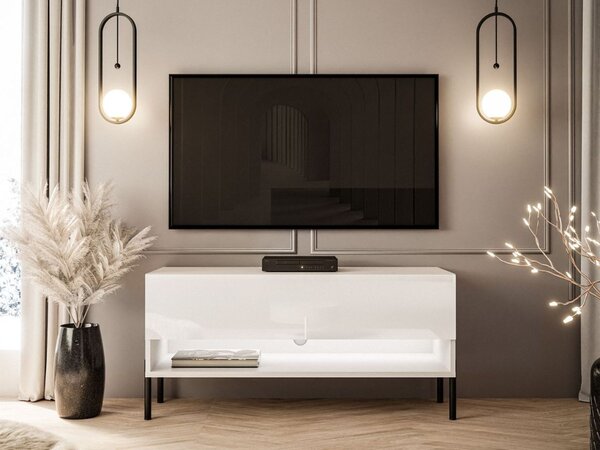 Szafka RTV 90 cm z oświetleniem LED i czarnymi metalowymi nóżkami Aurelie Biały połysk
