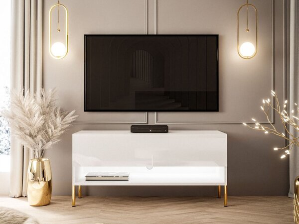 Szafka RTV 90 cm z oświetleniem LED i złotymi metalowymi nóżkami Aurelie Biały połysk