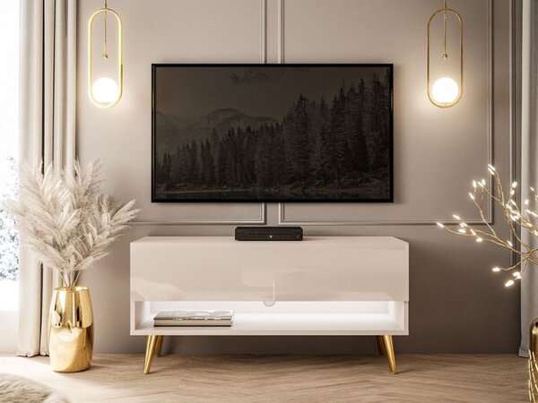 Szafka RTV 90 cm do salonu z oświetleniem LED i złotymi nóżkami Aurelie Kaszmir połysk