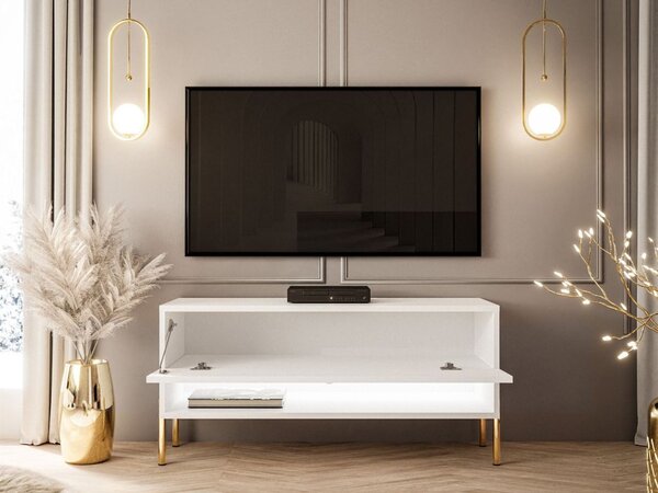 Szafka RTV 90 cm z oświetleniem LED i złotymi metalowymi nóżkami Aurelie Biały połysk