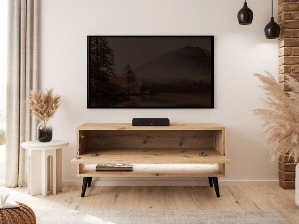 Szafka RTV 90 cm do salonu z oświetleniem LED i czarnymi nóżkami Aurelie Dąb Artisan