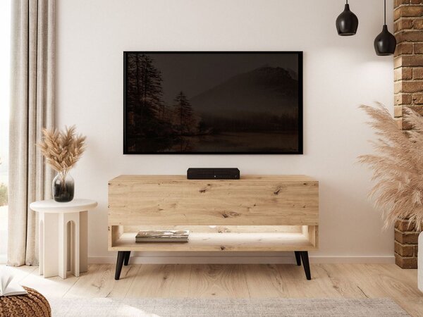 Szafka RTV 90 cm do salonu z oświetleniem LED i czarnymi nóżkami Aurelie Dąb Artisan