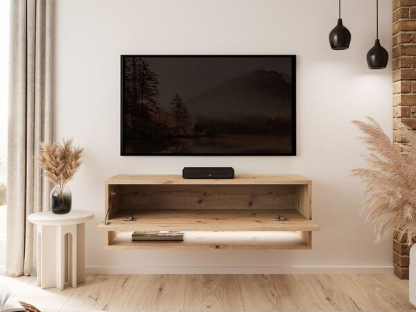 Szafka RTV wisząca 90 cm do salonu z oświetleniem LED Aurelie Dąb Artisan