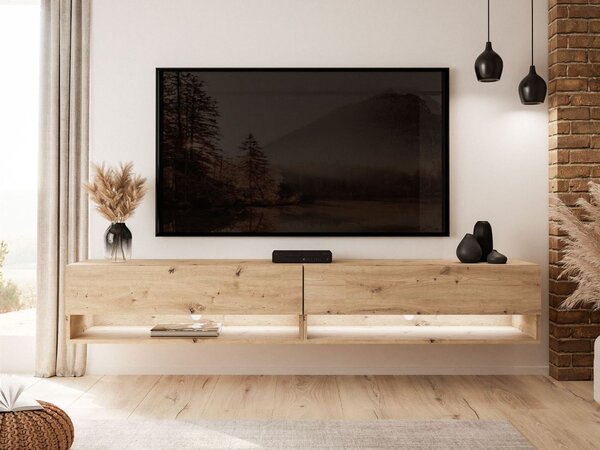 Szafka RTV wisząca 180 cm do salonu z oświetleniem LED Aurelie Dąb Artisan