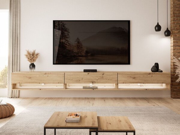 Szafka RTV wisząca 270 cm do salonu z oświetleniem LED Aurelie Dąb Artisan