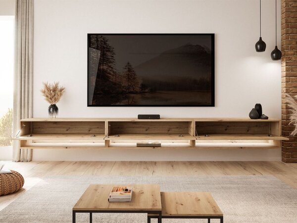 Szafka RTV wisząca 270 cm do salonu z oświetleniem LED Aurelie Dąb Artisan
